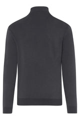 Schwarzer Rollkragenpullover mit Rippstrickdetails.