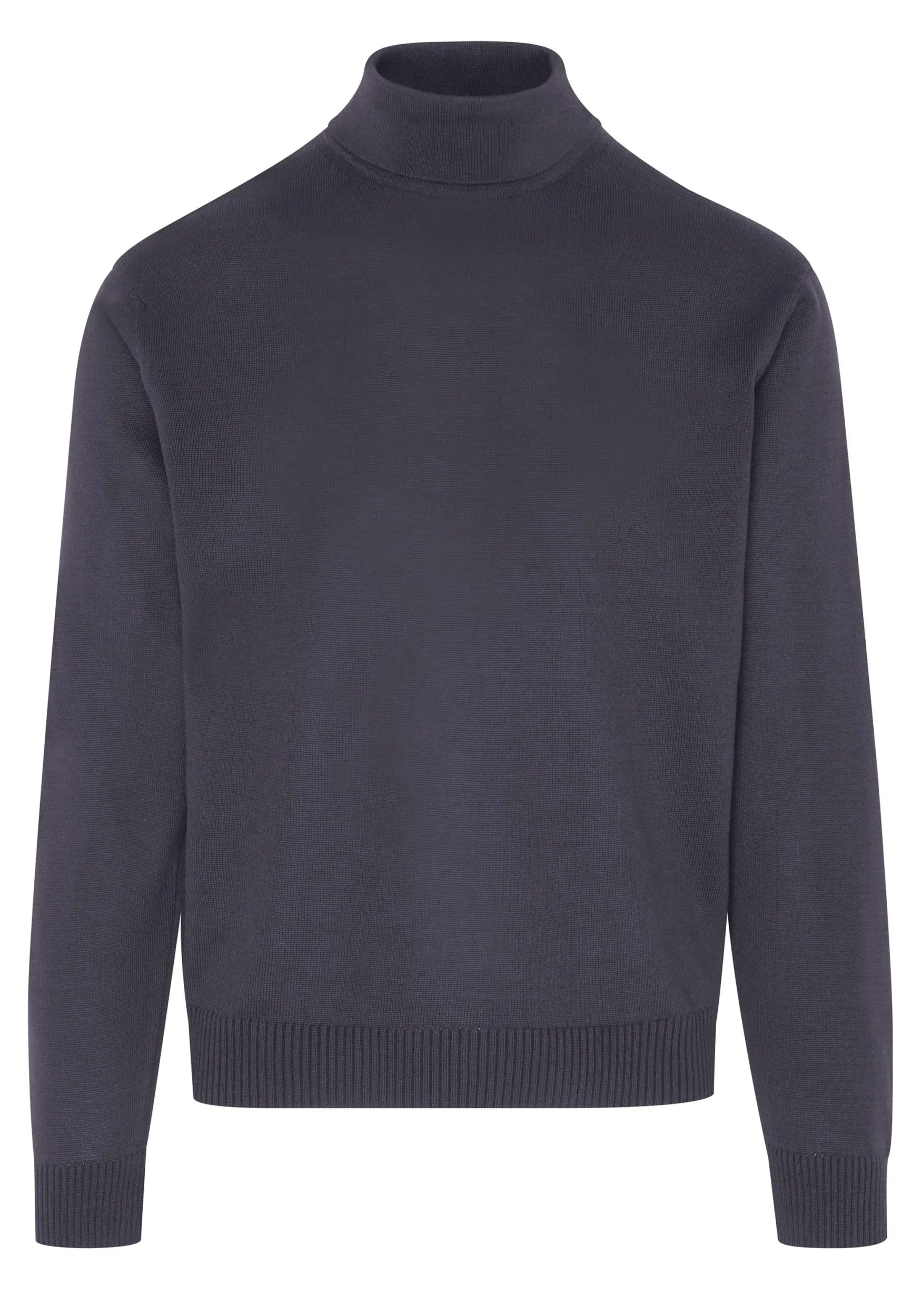 Marineblauer Rollkragenpullover mit gerippten Abschlüssen.