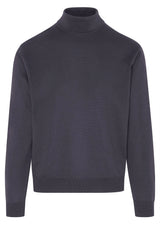 Marineblauer Rollkragenpullover mit gerippten Abschlüssen.