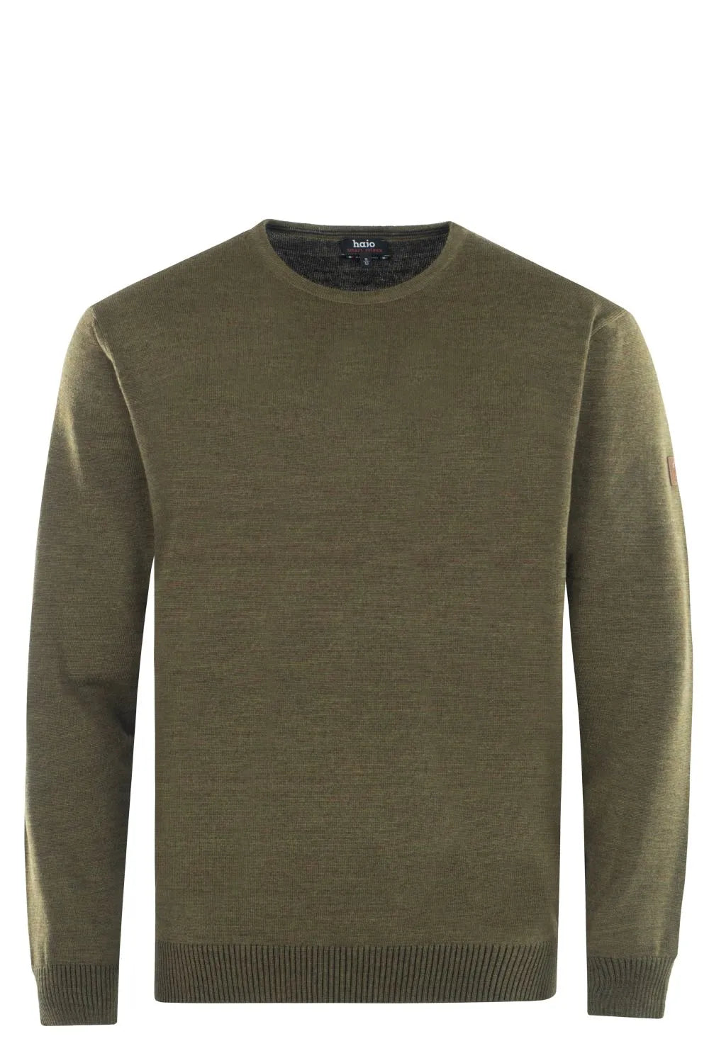 Olivgrüner Pullover mit Rundhalsausschnitt und gerippten Bündchen und Saum.