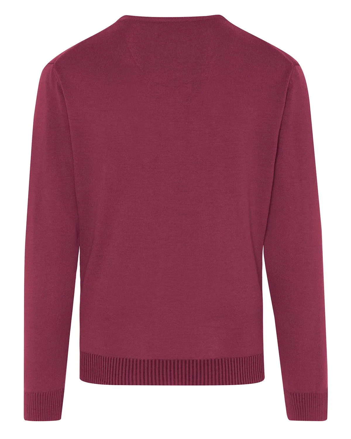 Burgunderfarbener Strickpullover mit gerippten Abschlüssen.