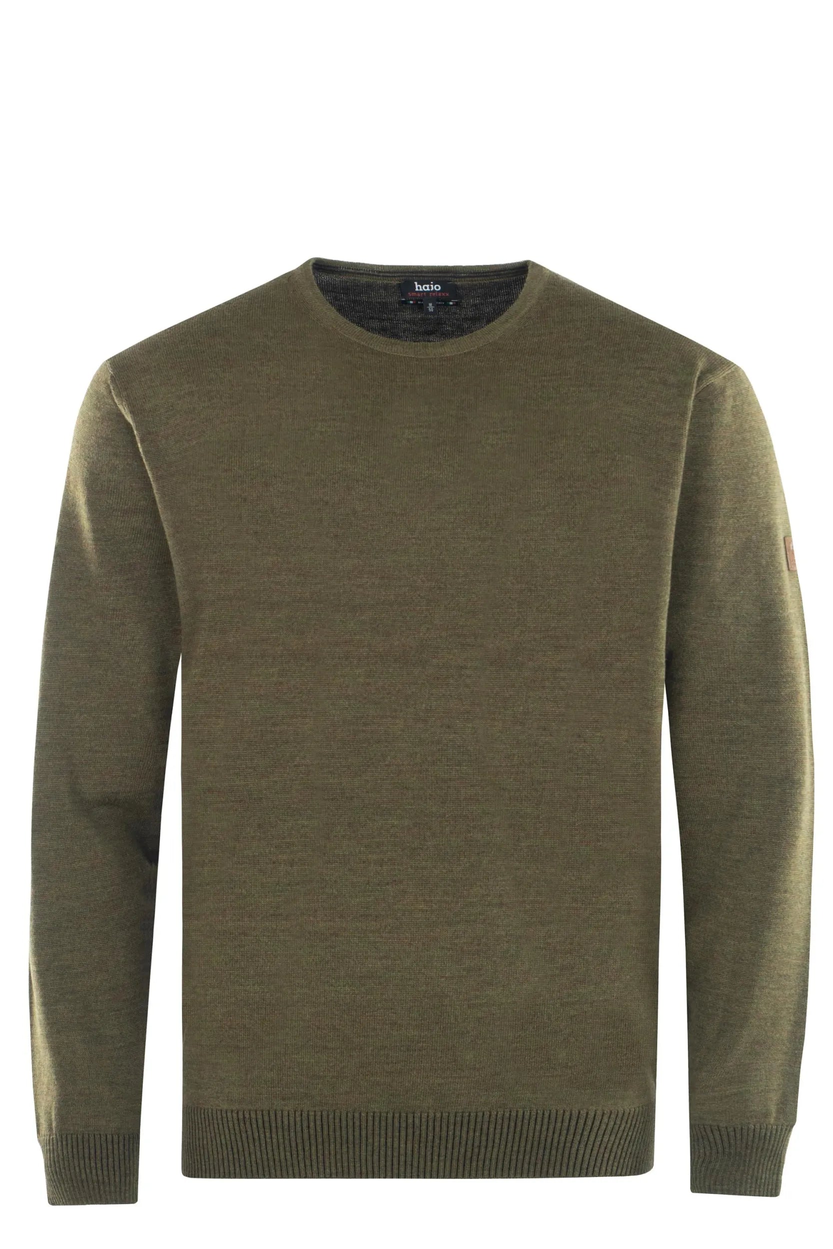Olivgrüner Pullover mit Rundhalsausschnitt und gerippten Bündchen und Saum, wahrscheinlich aus Baumwolle oder einem ähnlichen weichen Material.