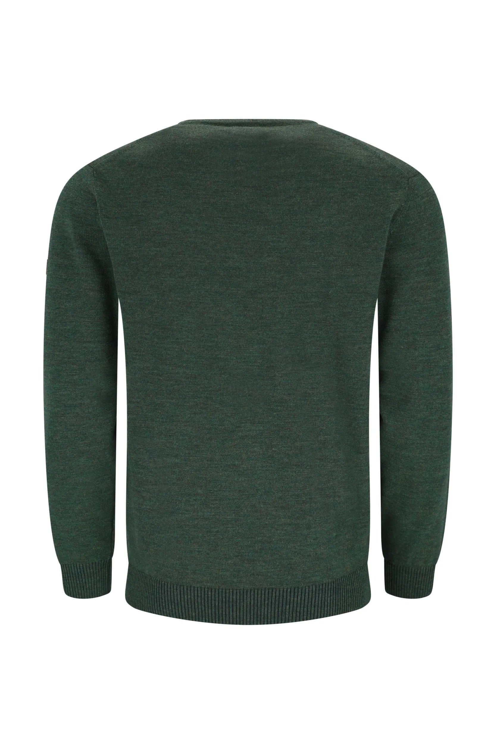 Dunkelgrüner Strickpullover mit langen Ärmeln.