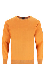 Orangefarbener Pullover mit gerippten Bündchen und Saum, wahrscheinlich aus Baumwolle oder Wolle.