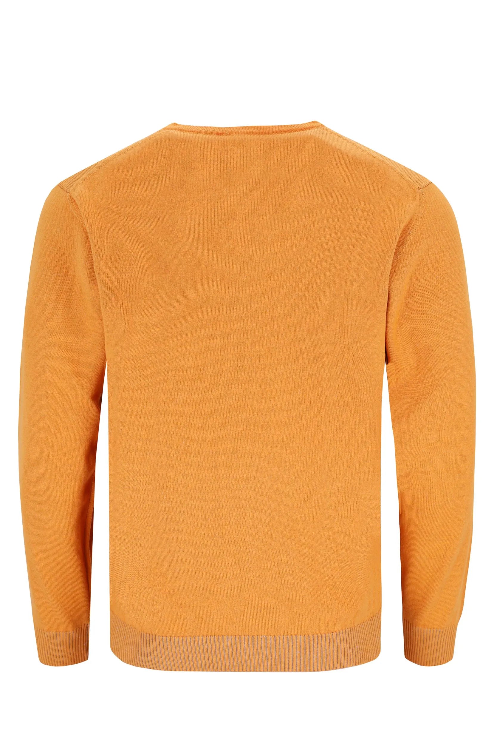 Orangefarbener Pullover mit gerippten Bündchen und Saum, wahrscheinlich aus Baumwolle oder Wolle.