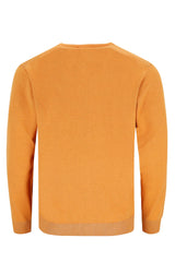 Orangefarbener Pullover mit gerippten Bündchen und Saum, wahrscheinlich aus Baumwolle oder Wolle.