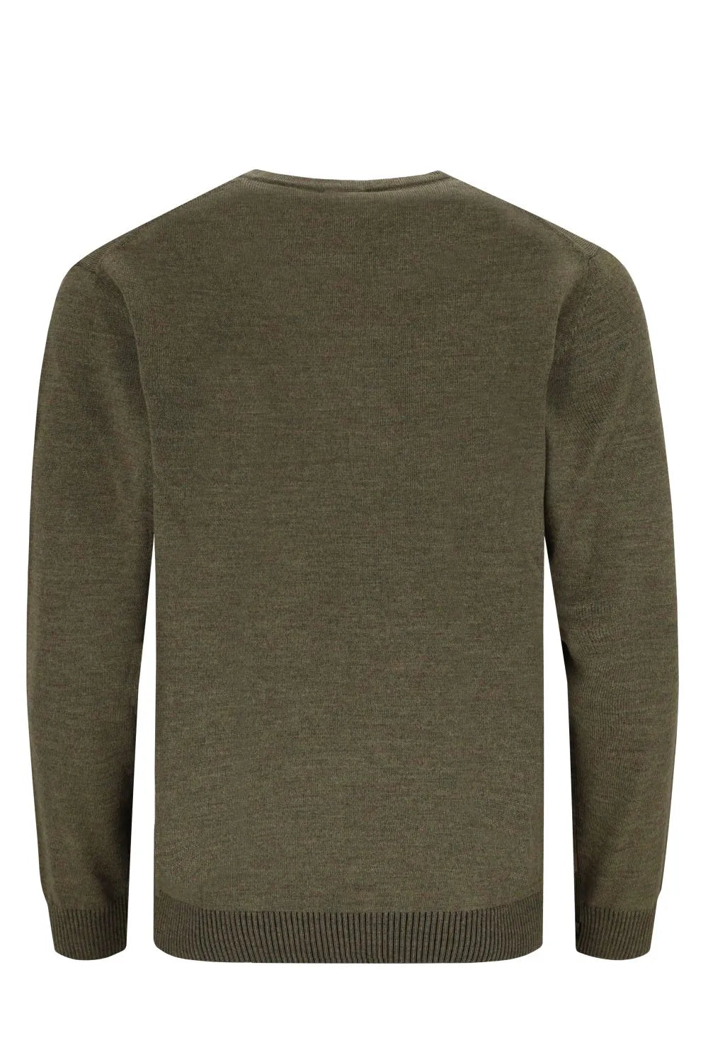 Olivgrüner Strickpullover mit Rundhalsausschnitt und Rippenbündchen.