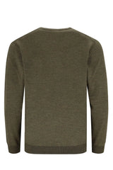 Olivgrüner Strickpullover mit Rundhalsausschnitt und Rippenbündchen.