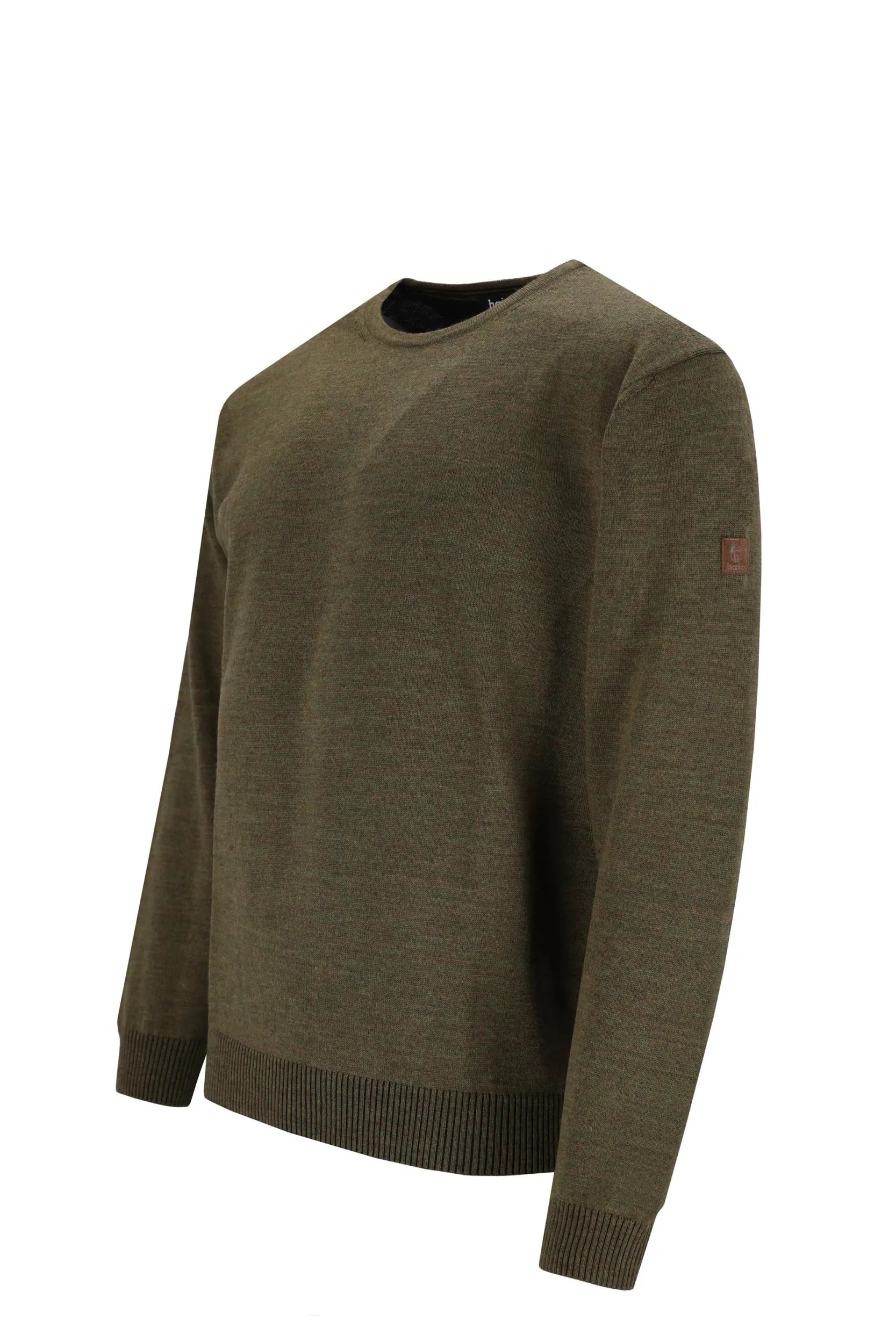 Olivgrüner Pullover mit Rundhalsausschnitt, gerippten Bündchen und Saum, wahrscheinlich aus Wolle oder Baumwollmischung.