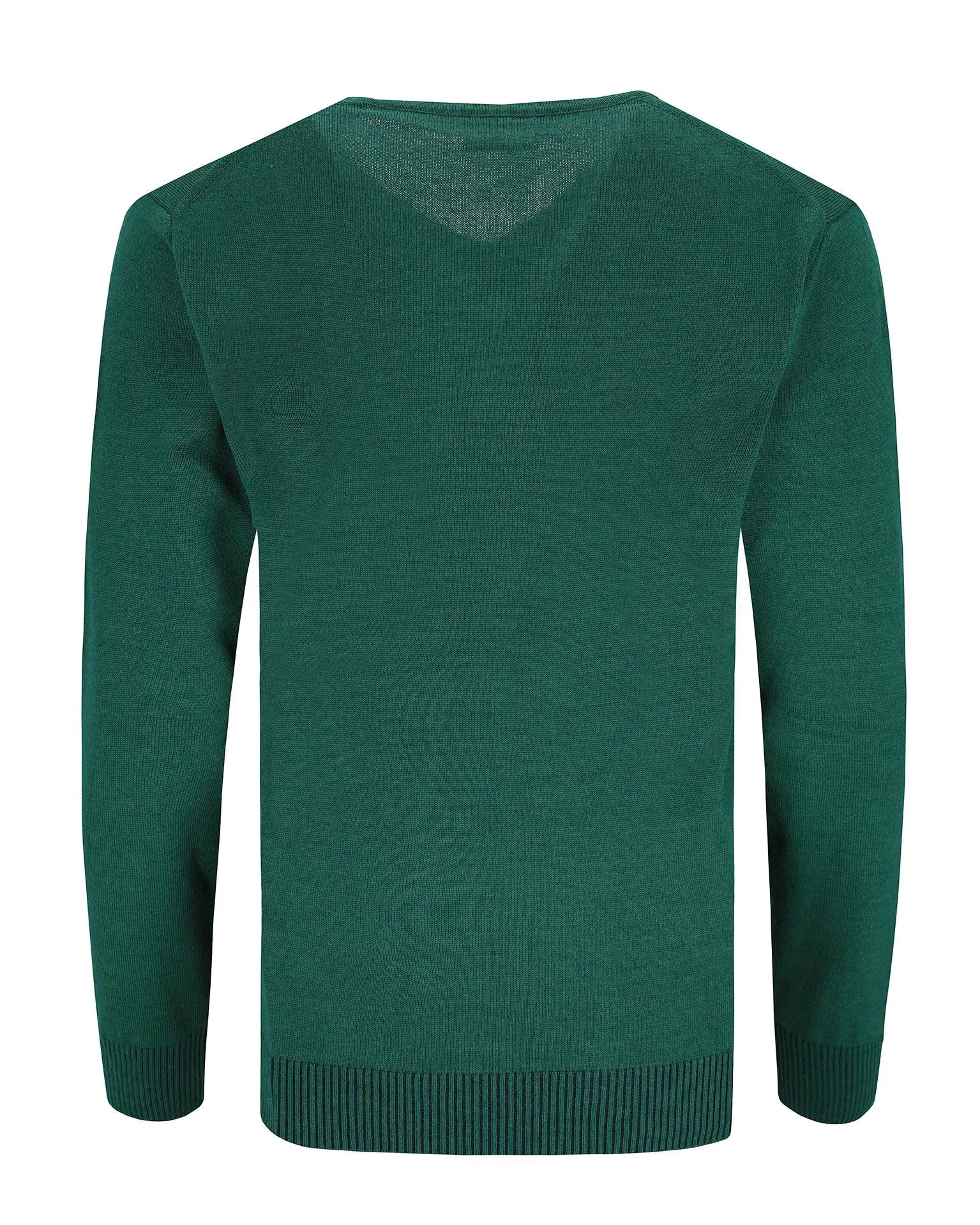 Grüner Strickpullover mit V-Ausschnitt und langen Ärmeln.