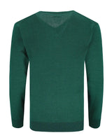 Grüner Strickpullover mit V-Ausschnitt und langen Ärmeln.