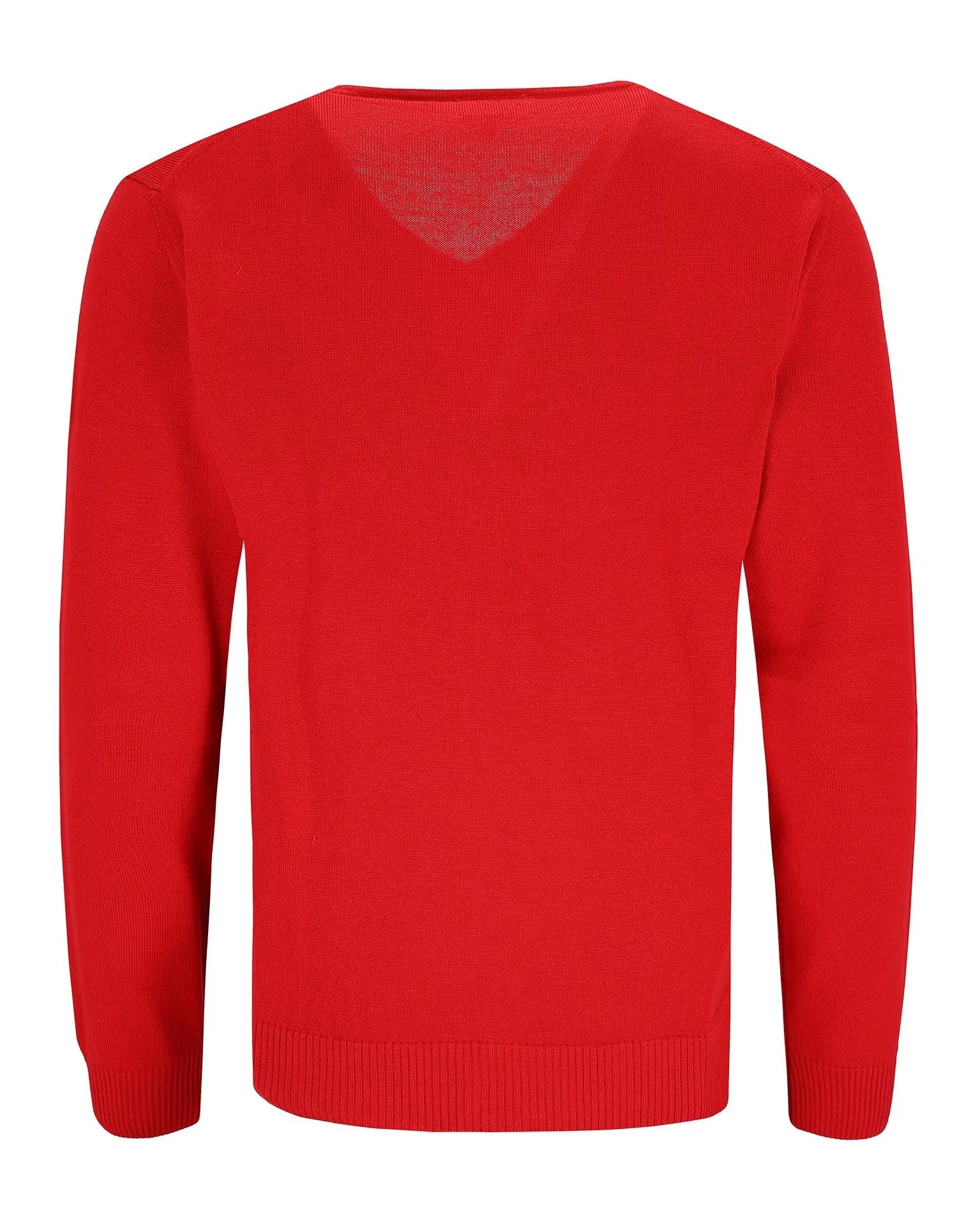 Roter Pullover mit V-Ausschnitt, gerippten Bündchen und Saum, wahrscheinlich aus Baumwolle oder Wolle.