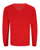 Roter Pullover mit V-Ausschnitt, gerippten Bündchen und Saum, wahrscheinlich aus Baumwolle oder Wolle.