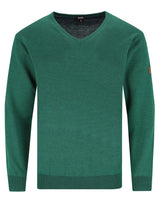 Grüner Strickpullover mit V-Ausschnitt.