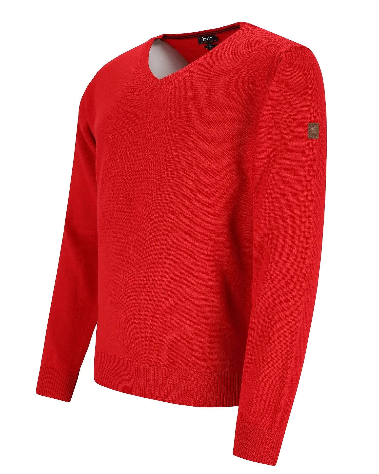 Roter Pullover mit V-Ausschnitt, gerippten Bündchen und Saum, wahrscheinlich aus Baumwolle oder Wolle.