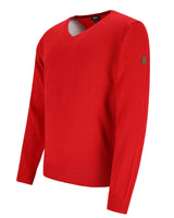 Roter Pullover mit V-Ausschnitt, gerippten Bündchen und Saum, wahrscheinlich aus Baumwolle oder Wolle.