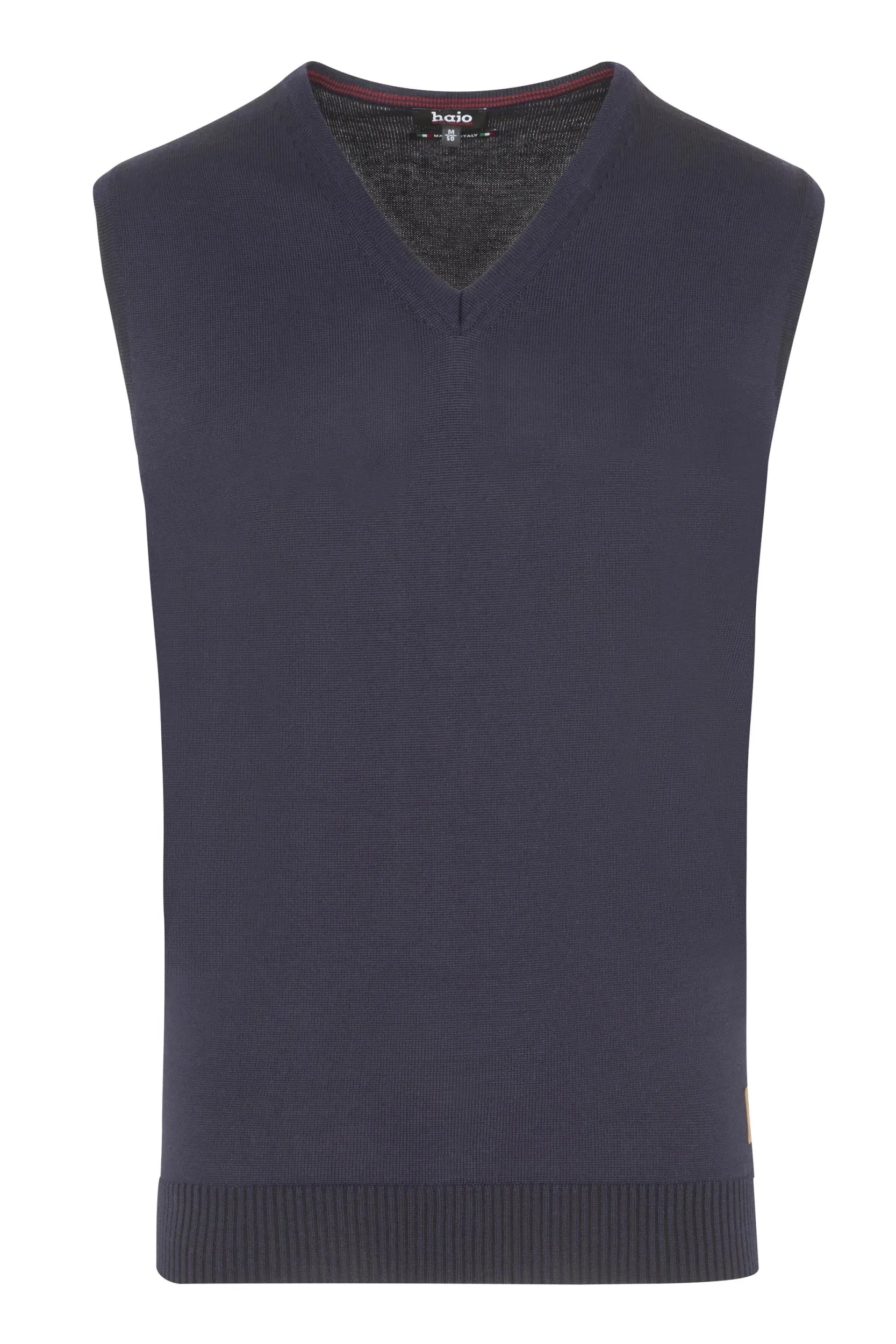 Marineblaue ärmellose Pulloverweste mit V-Ausschnitt.