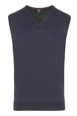 Marineblaue ärmellose Pulloverweste mit V-Ausschnitt.