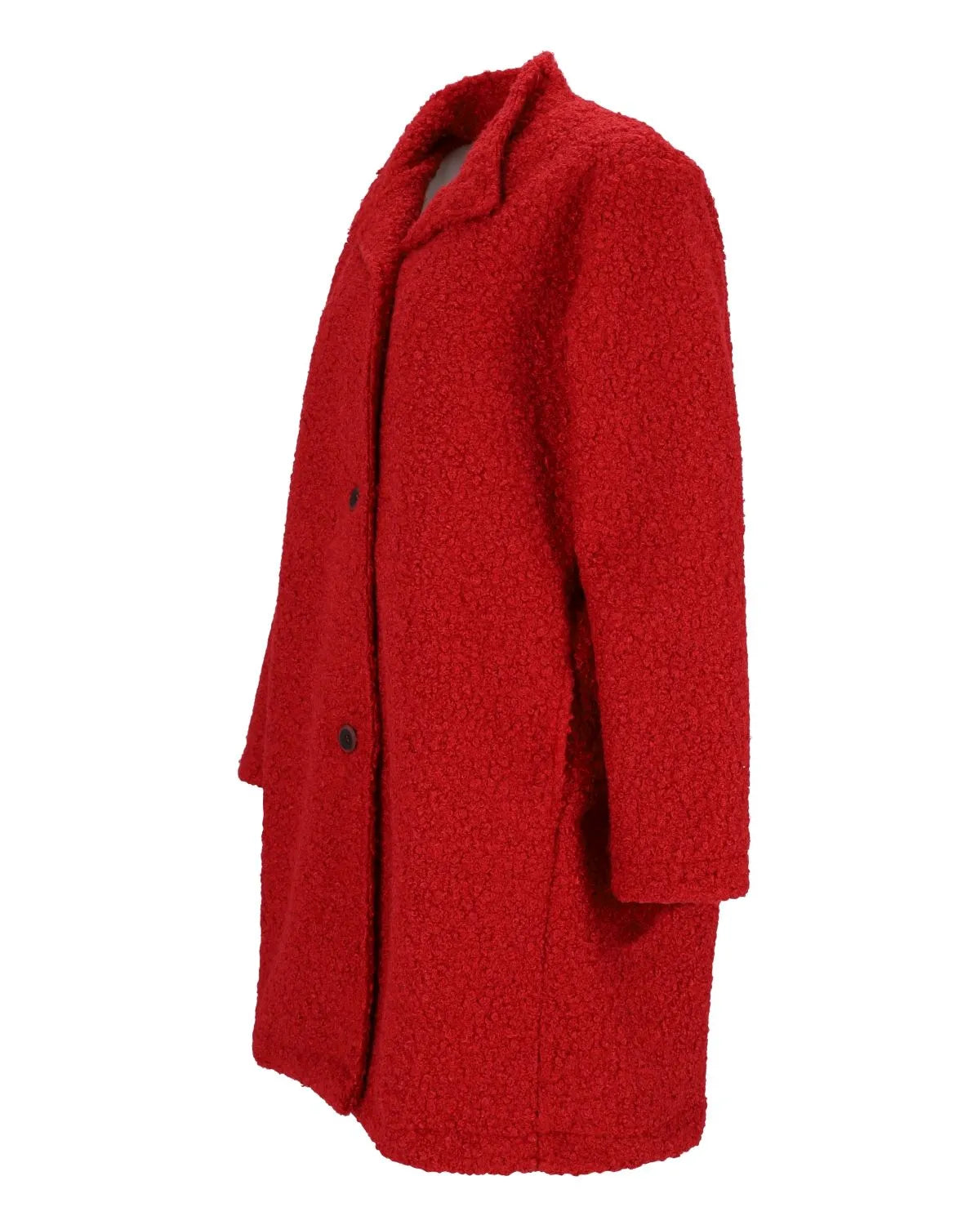 Roter Bouclé-Mantel mit Einzelknopfverschluss und langen Ärmeln.