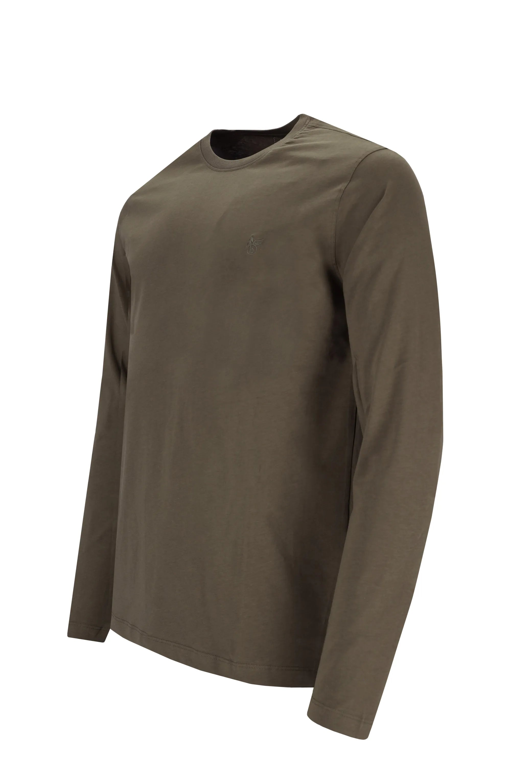 Olivbraunes langärmeliges T-Shirt mit Rundhalsausschnitt.
