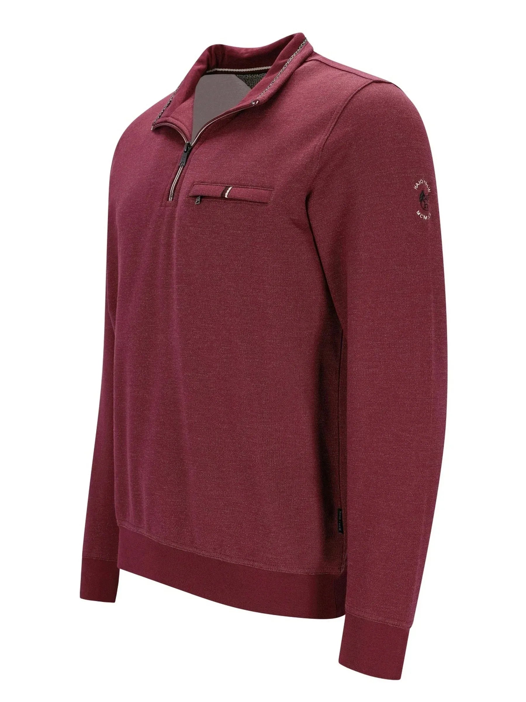 Bordeaux-Farbenes Viertelreißverschluss-Pullover-Sweatshirt mit Logo auf dem Ärmel, aus einer Baumwolle- und Polyester-Mischung.
