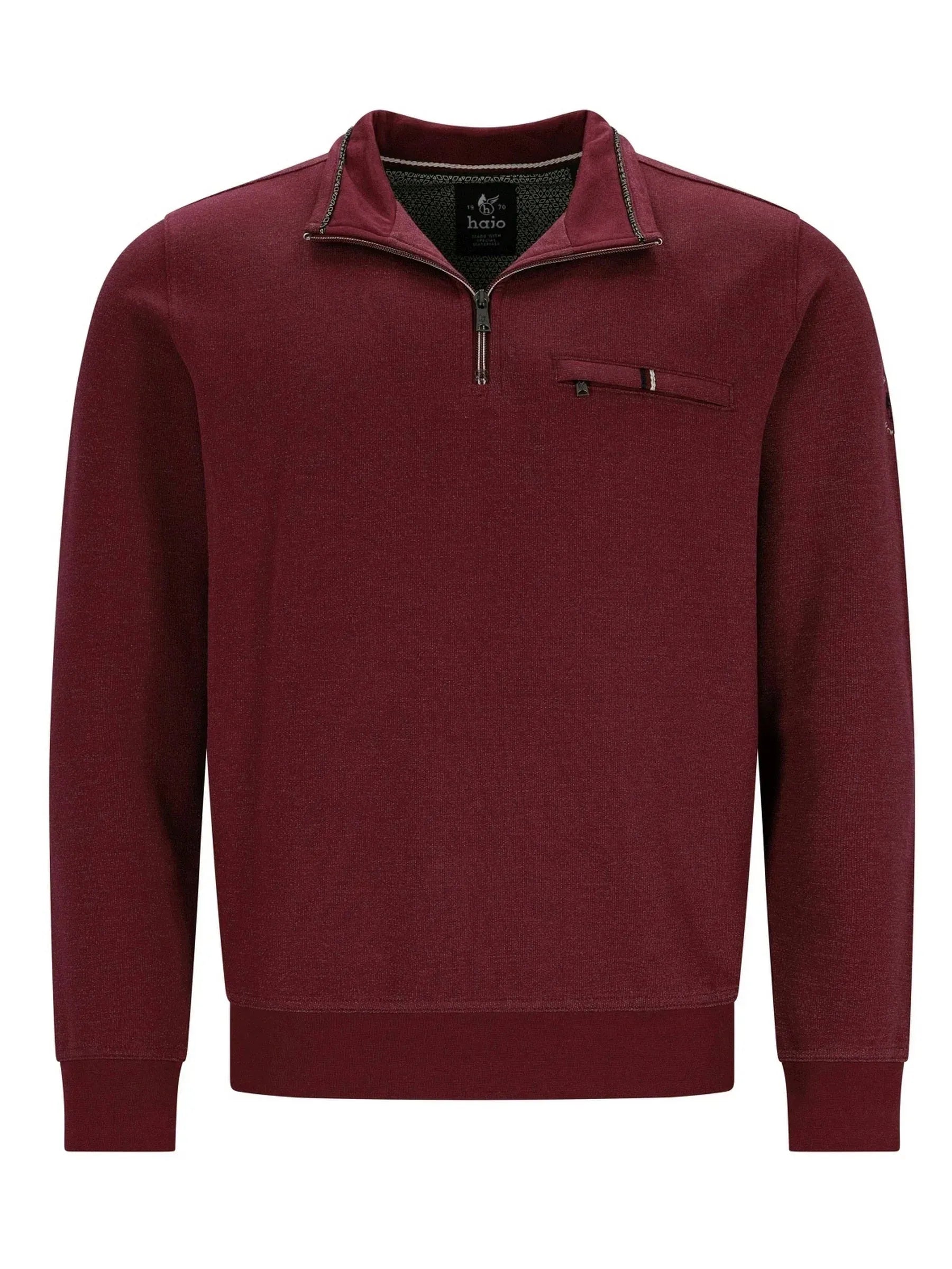 Bordeaux-Farbfarbener Viertelreißverschluss-Sweatshirt mit Kontrastnähten und Taschen-Detail.