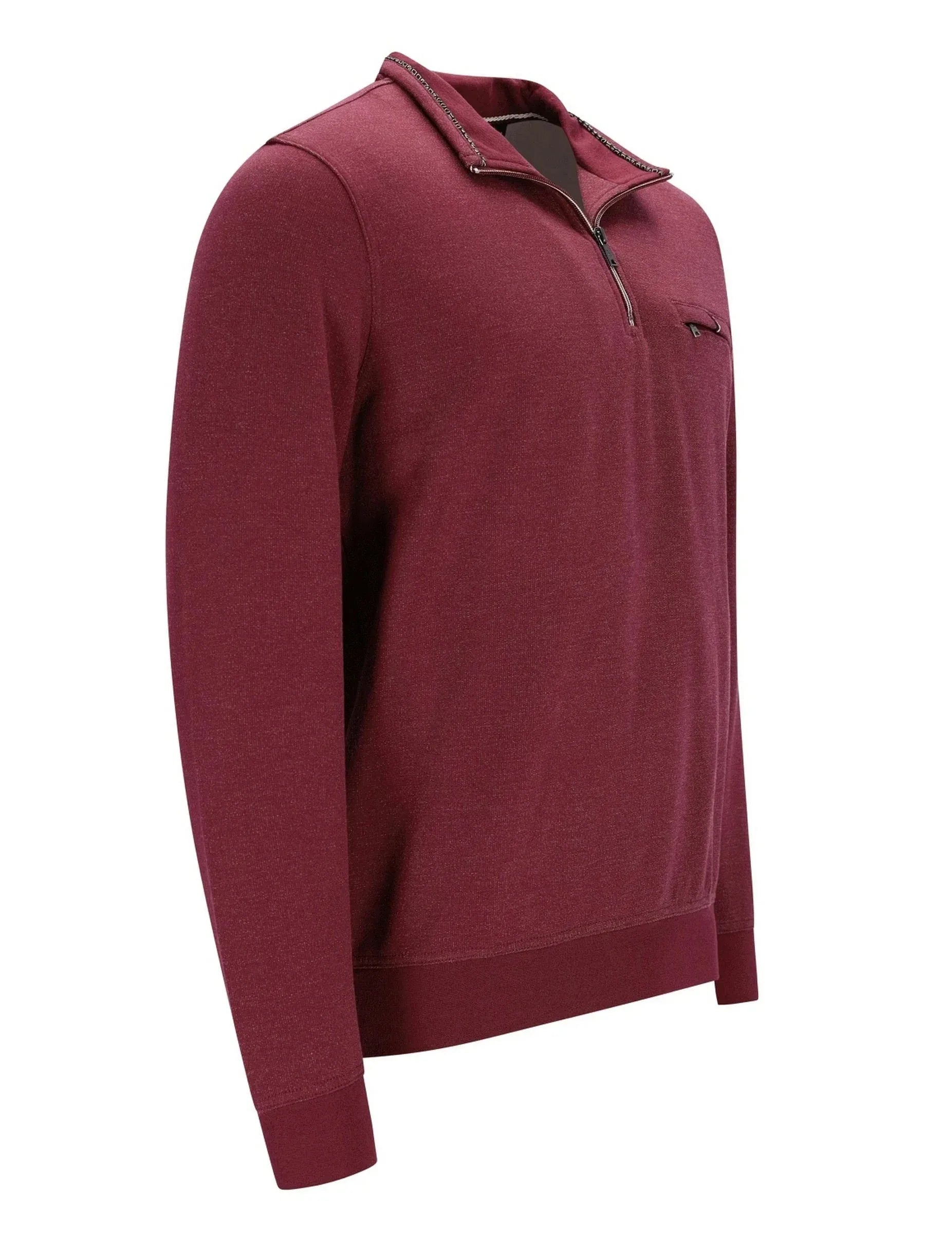 Bordeauxfarbene Zip-Sweater mit Half-Zip-Design und gerippten Bündchen, Kragen und Saum.
