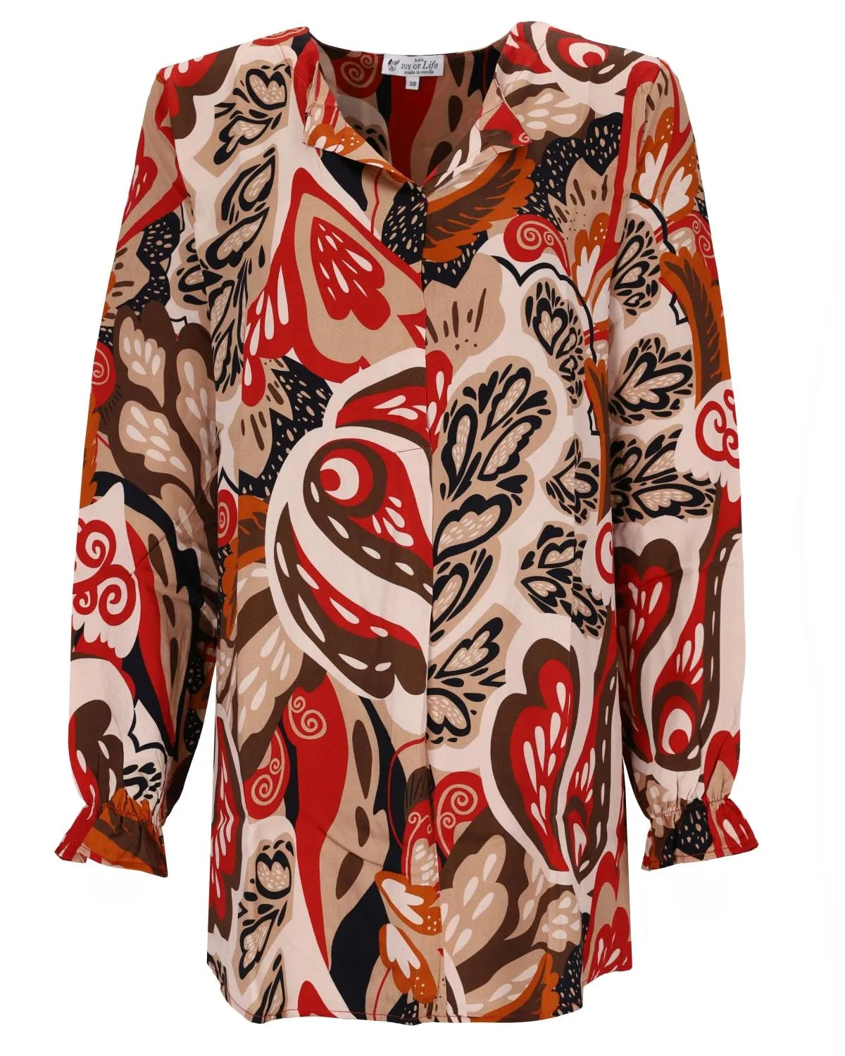 Abstrakt gemusterte Bluse in Beige und Rot mit langen Ärmeln.