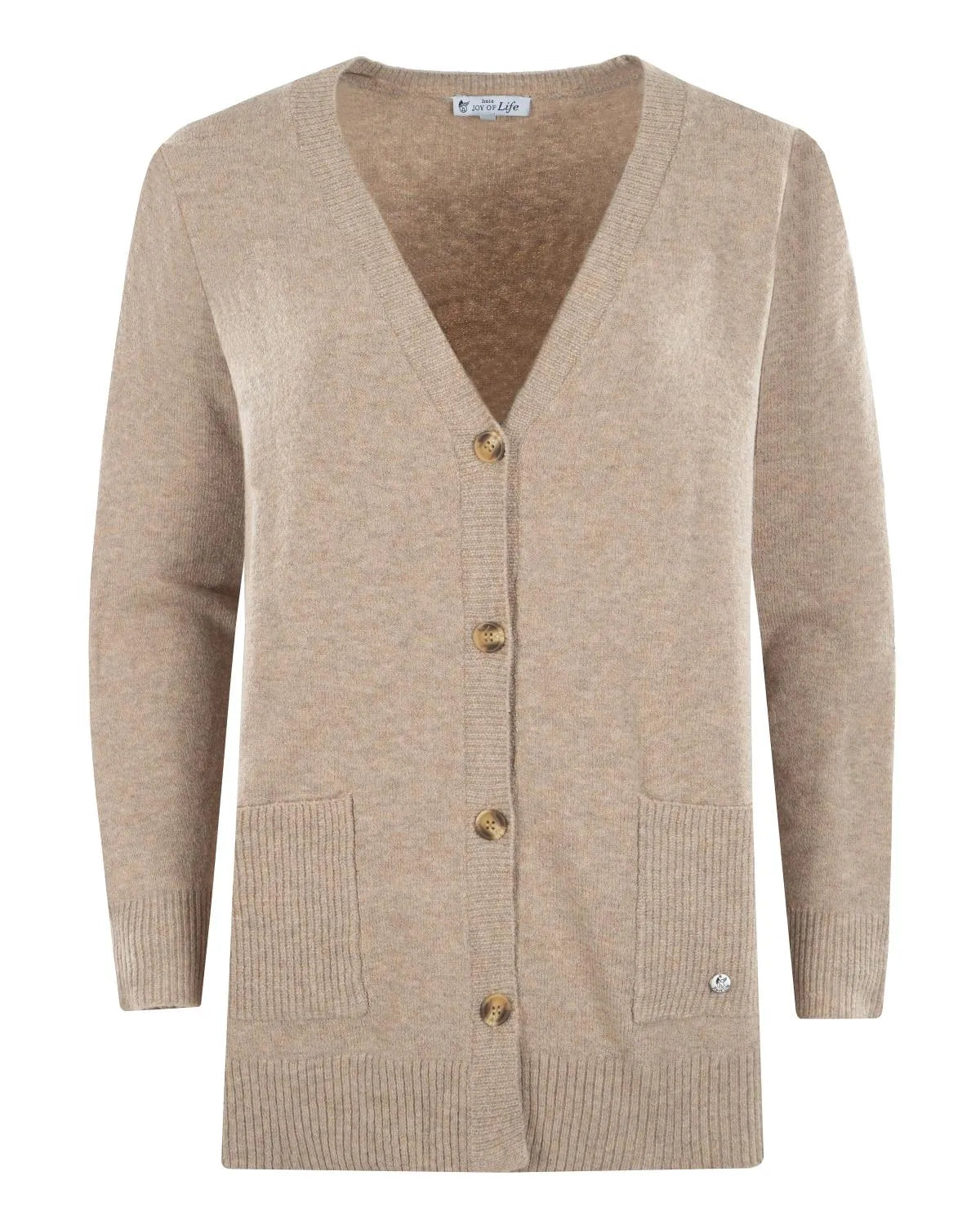 Beigefarbene Strickjacke mit goldenen Knöpfen und Taschen, wahrscheinlich aus Wolle oder Baumwollmischung.