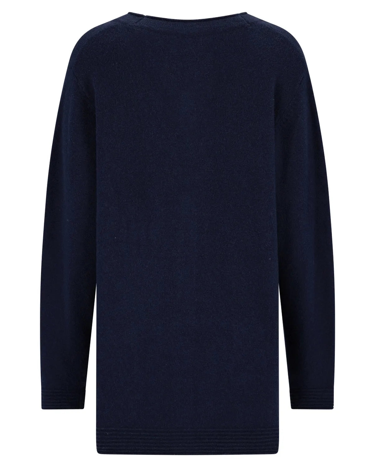 Marineblauer langärmeliger Pullover mit gerippten Bündchen und Saum, wahrscheinlich aus Wolle oder einem ähnlichen weichen Material.