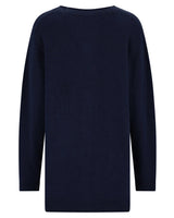 Marineblauer langärmeliger Pullover mit gerippten Bündchen und Saum, wahrscheinlich aus Wolle oder einem ähnlichen weichen Material.