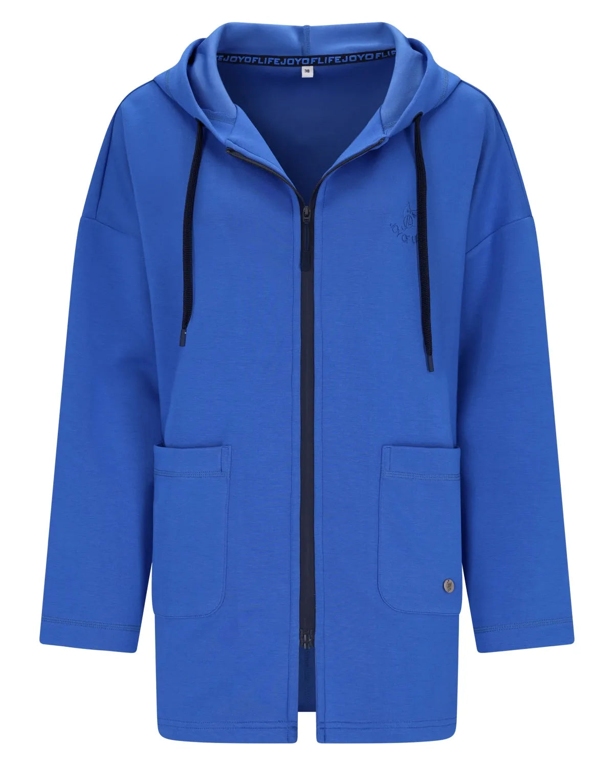Königsblauer Kapuzenpullover mit Reißverschluss, Kapuze mit Kordelzug und Taschen, wahrscheinlich aus Baumwolle oder Polyestergemisch.
