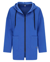 Königsblauer Kapuzenpullover mit Reißverschluss, Kapuze mit Kordelzug und Taschen, wahrscheinlich aus Baumwolle oder Polyestergemisch.
