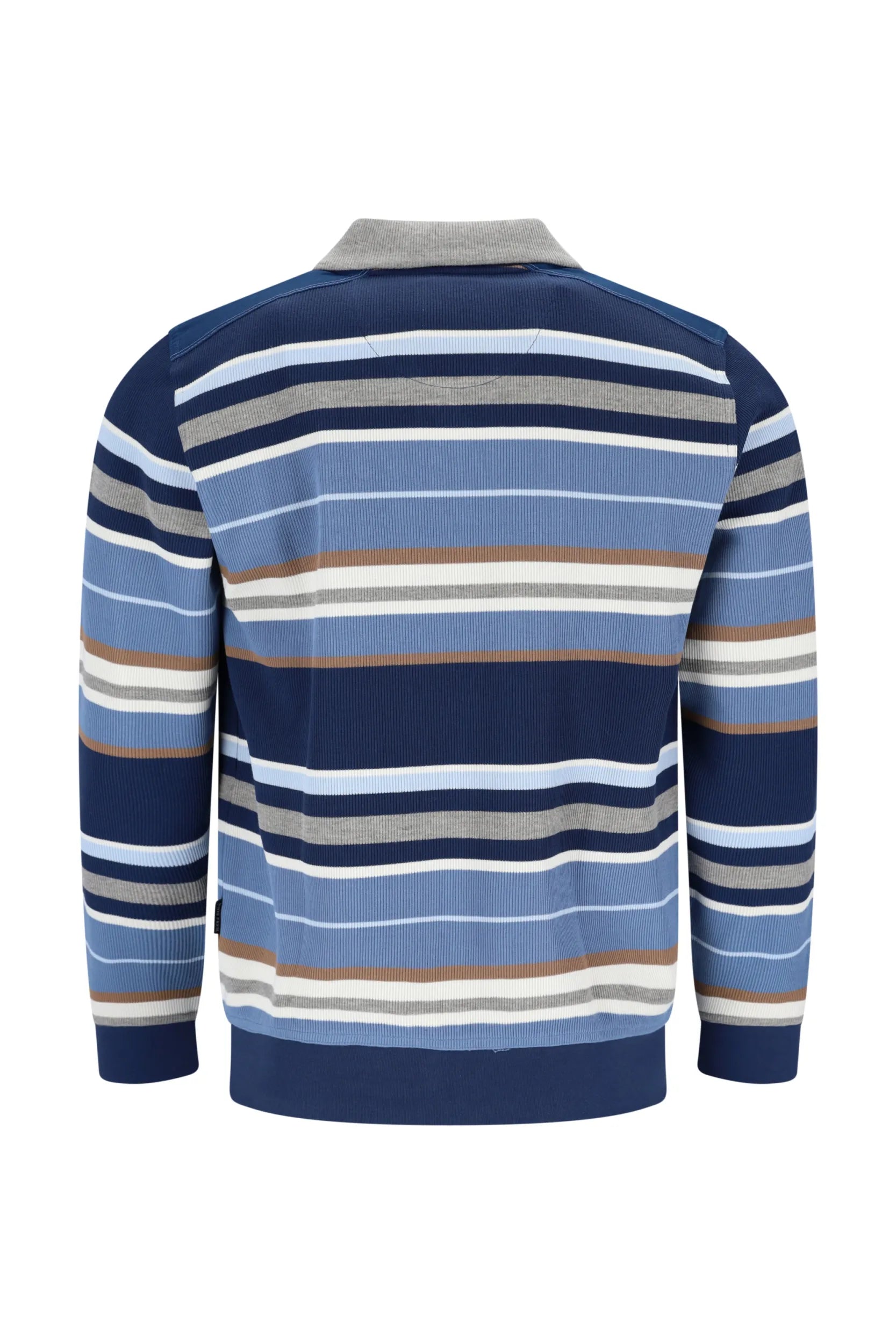 Gestreiftes Poloshirt mit marineblauen, hellblauen und beigen Streifen auf einem gerippten Strickstoff.