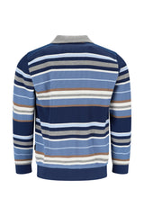 Gestreiftes Poloshirt mit marineblauen, hellblauen und beigen Streifen auf einem gerippten Strickstoff.
