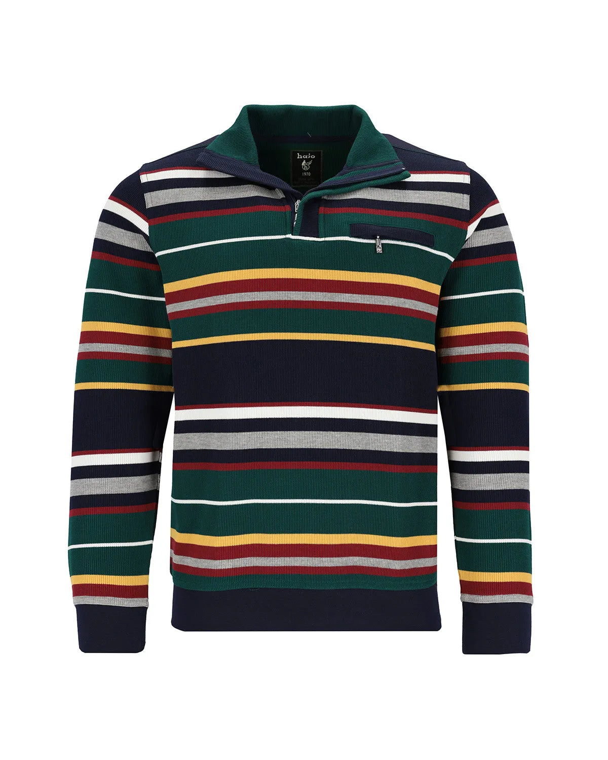 Gestreiftes Poloshirt mit halbem Reißverschlusskragen, marineblau als Grundfarbe und mehrfarbigen Streifen in grün, gelb, rot, weiß, orange, pink, lila, braun und schwarz.