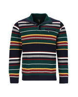 Gestreiftes Poloshirt mit halbem Reißverschlusskragen, marineblau als Grundfarbe und mehrfarbigen Streifen in grün, gelb, rot, weiß, orange, pink, lila, braun und schwarz.