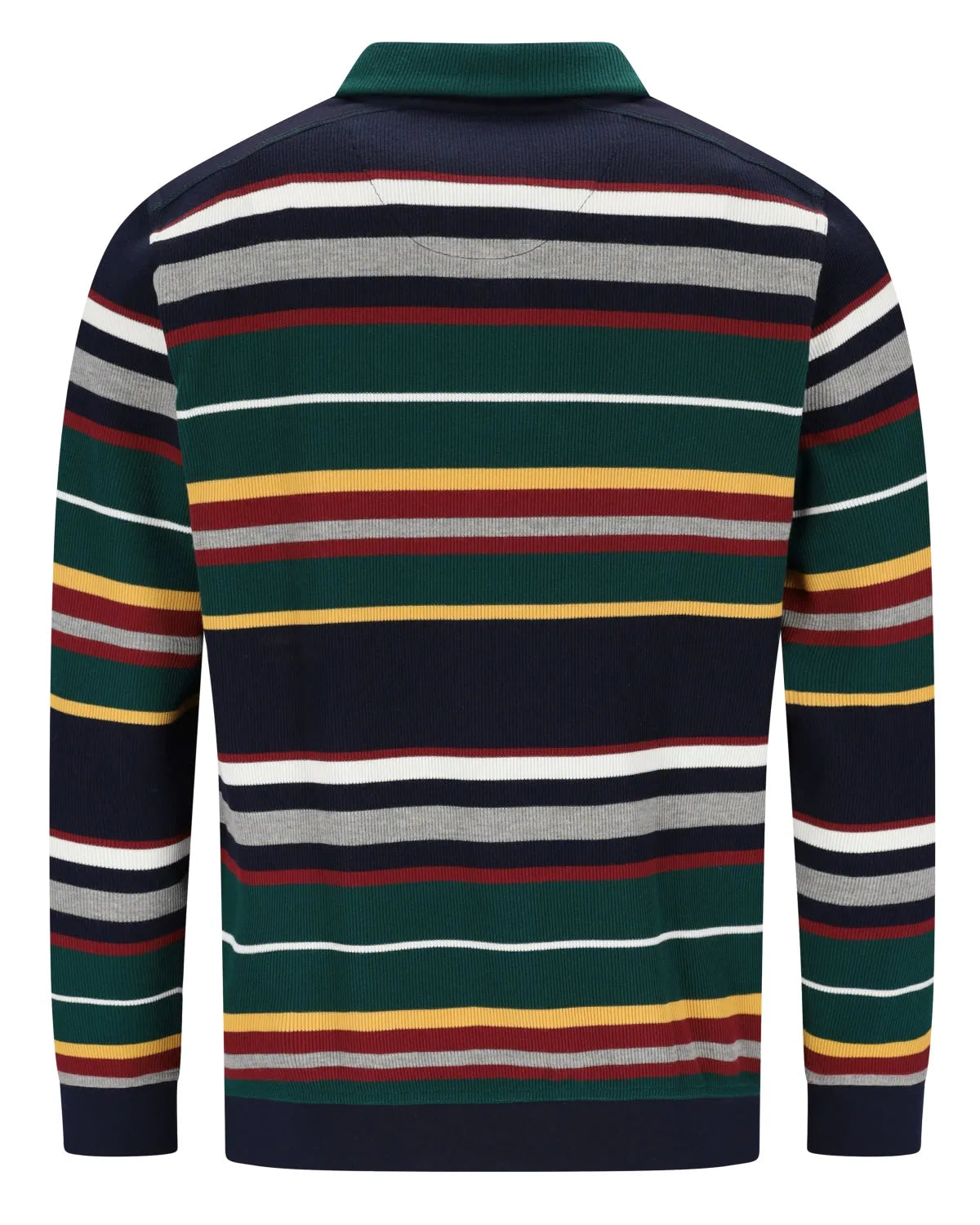 Gestreiftes Poloshirt mit marineblauem Hintergrund und bunten Streifen, aus Baumwolle.