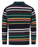 Gestreiftes Poloshirt mit marineblauem Hintergrund und bunten Streifen, aus Baumwolle.