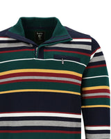 Gestreiftes Poloshirt mit einer Tasche und gerippter Struktur in den Farben marineblau, grün, gelb, rot, weiß und grau.