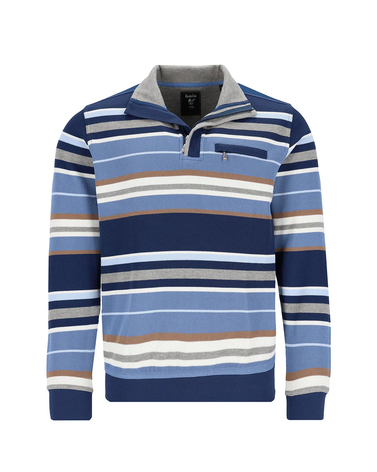 Blau gestreiftes Poloshirt mit halbem Reißverschlusskragen und Taschendetail.