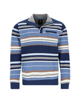 Blau gestreiftes Poloshirt mit halbem Reißverschlusskragen und Taschendetail.