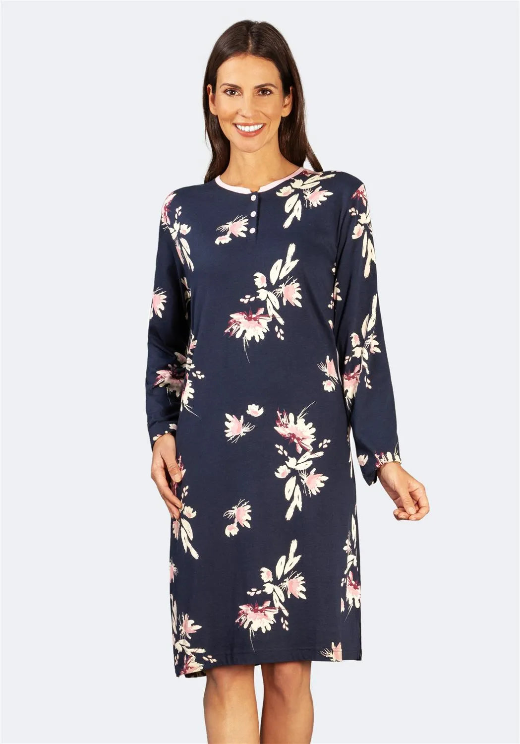 Marinefarbenes langärmeliges Kleid mit Blumendruck, geradem Schnitt und Rundhalsausschnitt.