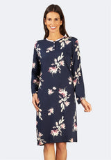Marinefarbenes langärmeliges Kleid mit Blumendruck, geradem Schnitt und Rundhalsausschnitt.