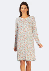 Cremefarbenes, langärmeliges Kleid mit Blumendruck, Rundhalsausschnitt und elastischem Bund.