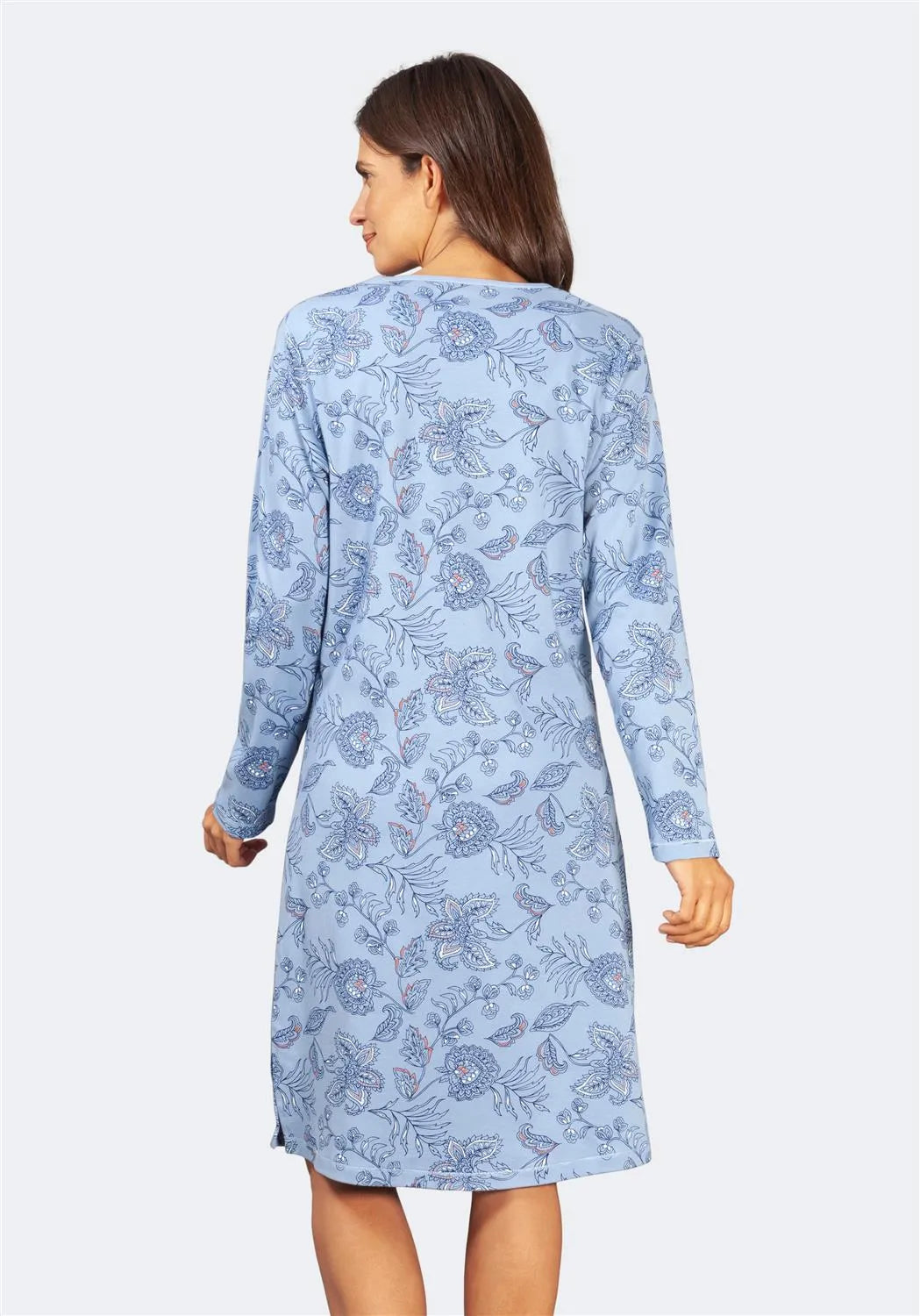 Blaues langärmeliges Kleid mit Blumendruck und Knopfleiste.