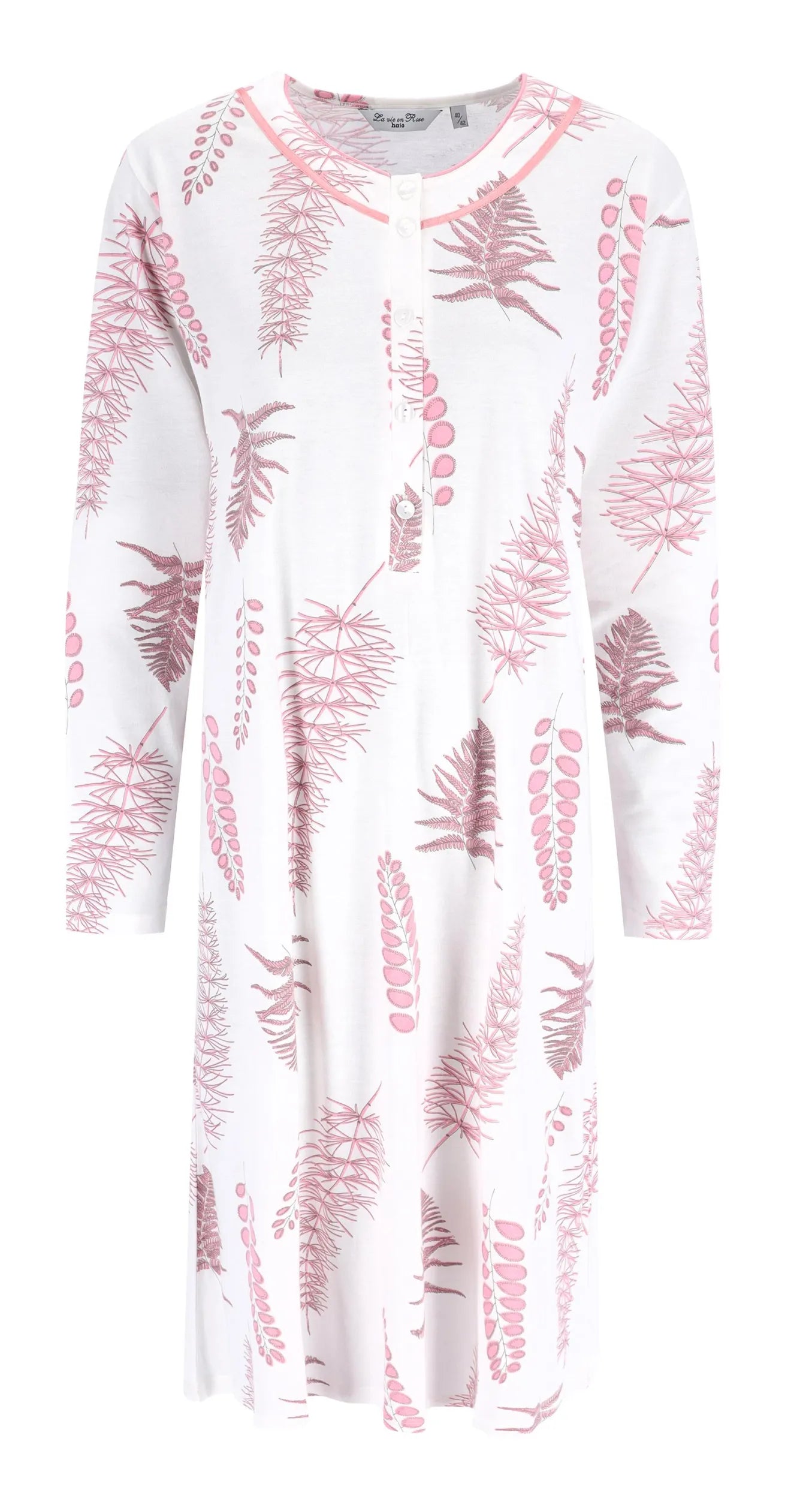 Weißes und rosafarbenes langärmeliges Kleid mit Farnprint und lockerer Passform.
