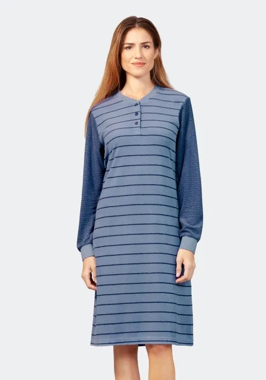 Nachthemd mit Bündchen Klima-Frottee 105 cm, hellblau gestreift, Bündchenärmel