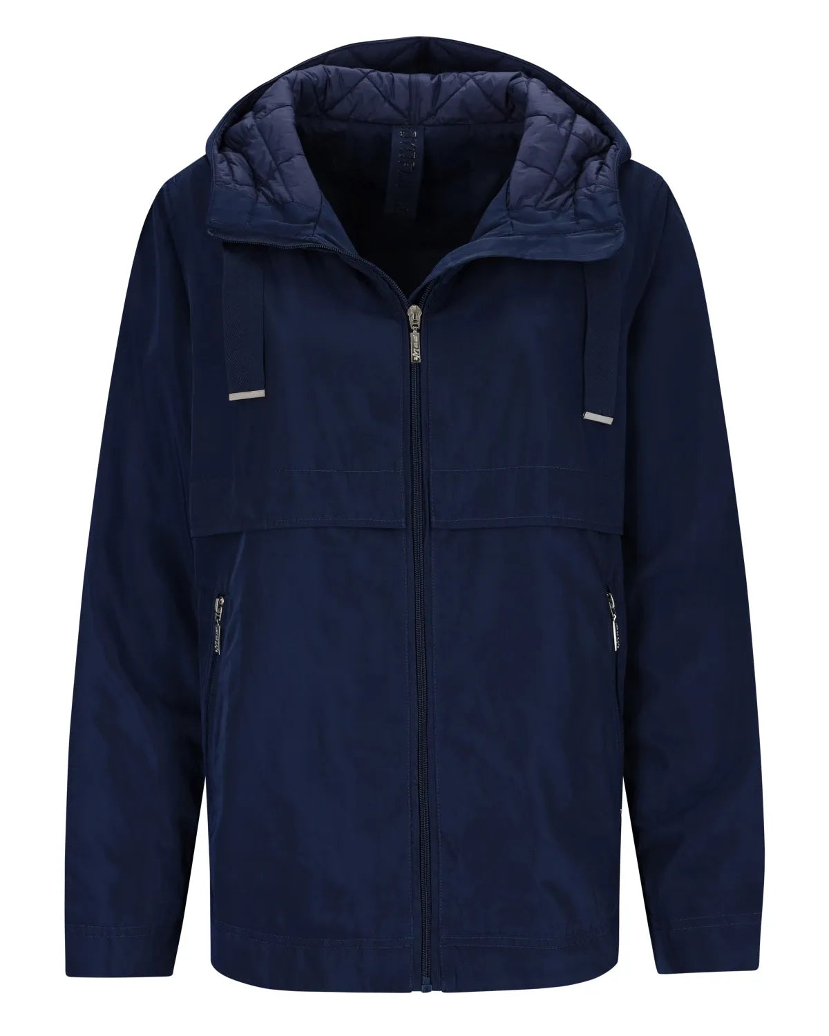 Marineblaue gesteppte Kapuzenjacke mit Reißverschluss und Taschen.