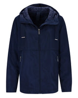 Marineblaue gesteppte Kapuzenjacke mit Reißverschluss und Taschen.